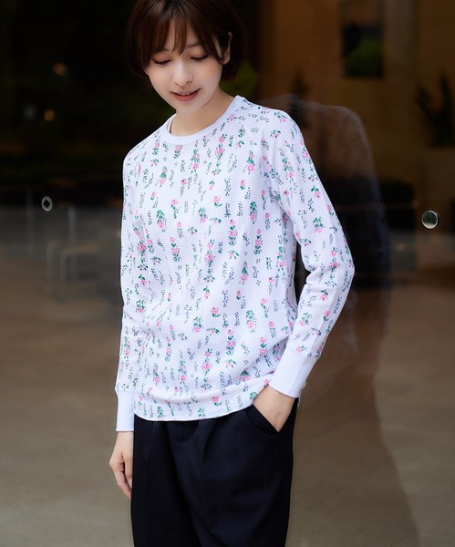 ワッフルラグラン花柄クルーネック長袖Tシャツ（パック入り） #JC090を